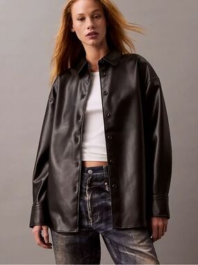 NWT Calvin Klein Black Faux-Leather Button-Up Shirt Jacket size medium